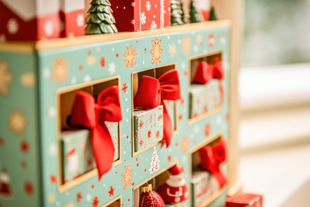 Christmas advent calendar with red bows and small gifts waiting to be opened to count the days before christmasの素材