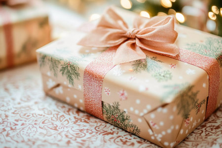 Christmas gift wrapped with a pink ribbon and pine tree pattern sits on a table with christmas lights glowing in the backgroundの素材