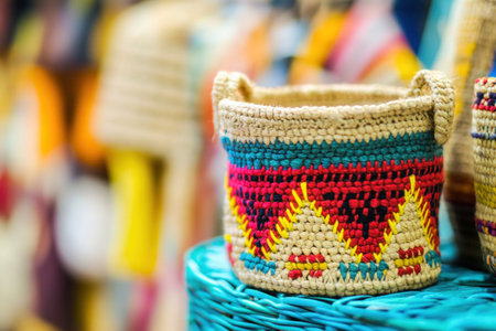 Colorful handmade basket with geometric patterns is standing on a shelf for sale at a marketの素材