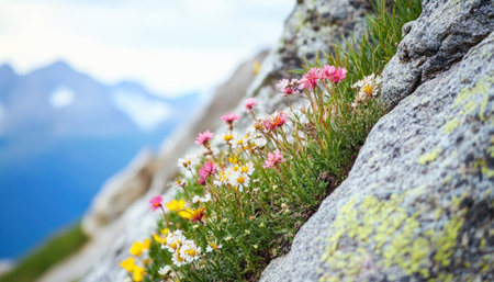 Wildflowers growing on mountainside with lake and mountains in backgroundの素材