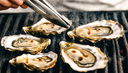 Fresh oysters being grilled on a barbecue by a chef using tongsの素材