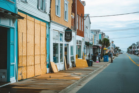 Construction workers cleaning up a boarded up main street in a small town, with debris scattered aroundの素材