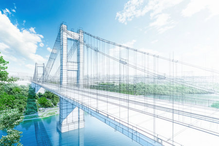 This wireframe bridge design is extending over a river with trees on each side during the daytimeの素材