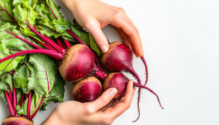 Hands holding fresh beetroots with leaves, promoting healthy eating and farm-fresh produceの素材