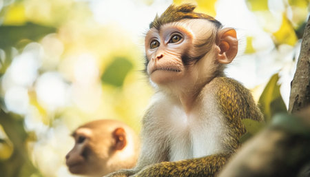 Young monkey with brown fur is sitting on a branch in a forest, looking up with a thoughtful expressionの素材