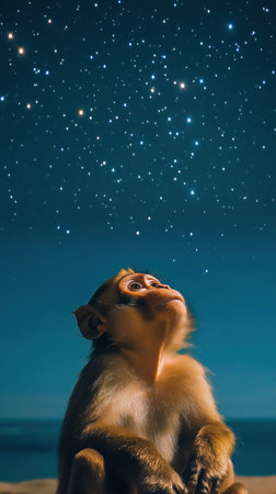 Monkey is sitting on a beach at night, looking up at the starry skyの素材