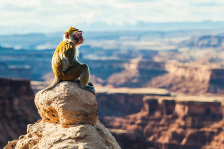 Monkey is pondering the view from atop a rock overlooking a vast canyonの素材