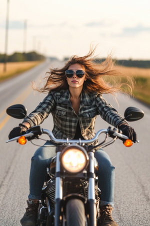Young woman with long hair is riding custom motorbike on country roadの素材