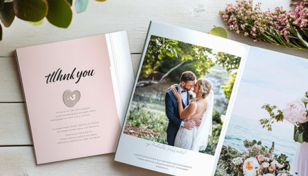 Wedding photo album laying on a table next to a thank you card and flowersの素材