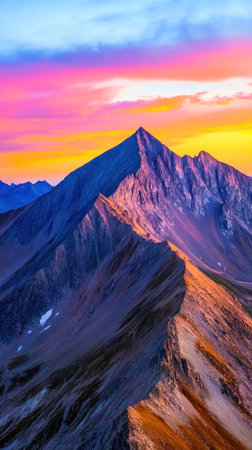 Majestic mountain peak is bathed in the warm, vibrant hues of a breathtaking sunsetの素材