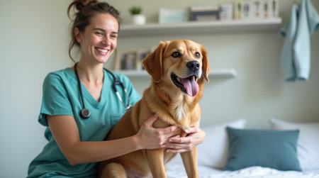 Smiling veterinarian is holding a dog during a home visit for a check upの素材