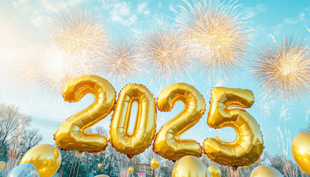 Golden balloons forming the number 2025 are floating in the air with fireworks exploding in the backgroundの素材