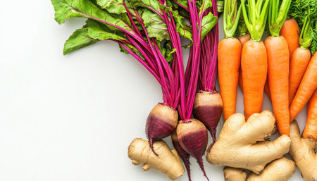 Freshly harvested and washed carrots, beetroots with leaves and ginger roots are lying on white backgroundの素材