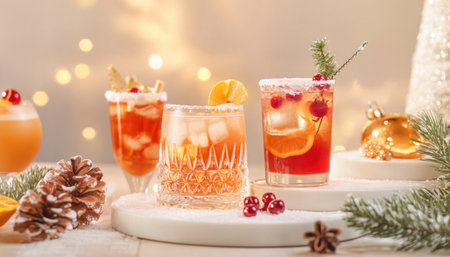 Festive christmas cocktails are sitting on marble pedestals with a bokeh backgroundの素材