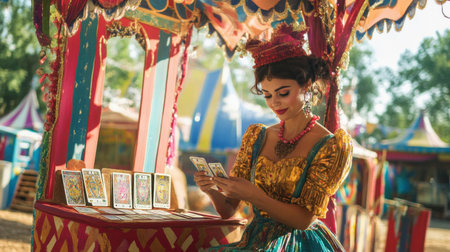 Fortune teller is reading tarot cards in her booth at a funfairの素材