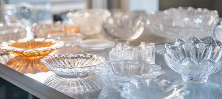Variety of elegant crystal clear glassware standing on illuminated shelves in modern glassware storeの素材