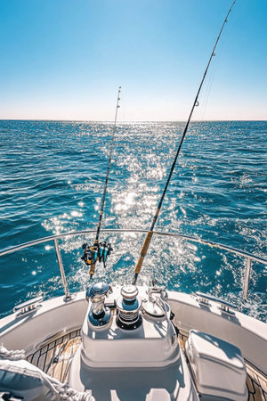 Two fishing rods are standing on the bow of a yacht, sailing on a sunny dayの素材