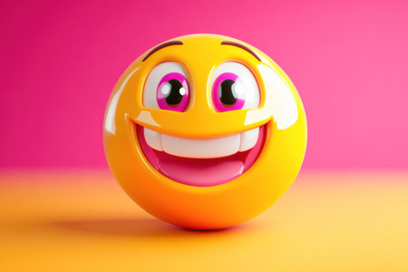 3d rendering of a yellow emoji with big eyes and a wide open mouth smiling on a pink and orange gradient backgroundの素材
