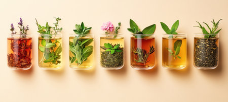 Seven glasses with various kinds of fresh tea and herbs are standing on a beige backgroundの素材