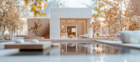 Architectural scale model of a modern minimalist house with pool and garden, reflecting in the foreground waterの素材