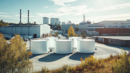 Large white cylindrical tanks storing refined products in a refinery plant, highlighting industrial processes and environmental impactの素材