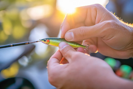 Fisherman is putting bait on a fish hook getting ready for a fishing tripの素材
