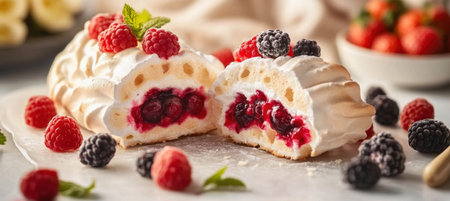 Sliced meringue roll cake filled with berry jam, decorated with fresh raspberries, blackberries, and mint leaves, creating a delicious summer dessertの素材