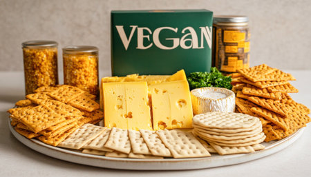 Delicious vegan cheese platter with assorted crackers, plant-based cheese, mustard seeds, and a vegan cheese boxの素材