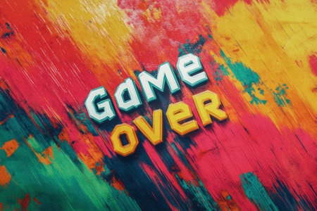 3d rendering of large game over message on a colorful grunge background, symbolizing the end of a gameの素材