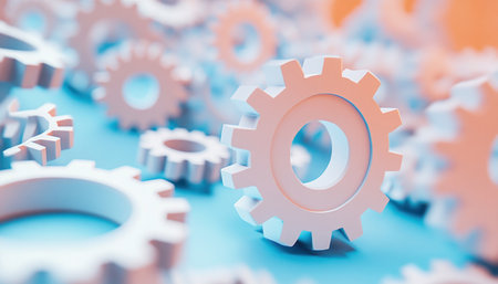 Close-up of white gears rotating on a blue and orange background, symbolizing teamwork, collaboration, and the interconnectedness of complex systemsの素材