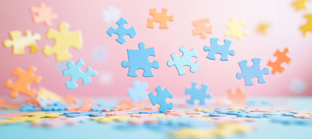 Jigsaw puzzle pieces floating against a pastel background, representing problem-solving, teamwork, and creative thinkingの素材