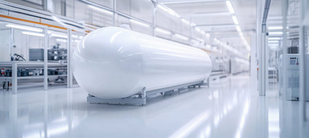 White storage tank with digital display inside a sterile high-tech manufacturing plant showing modern equipment and pipingの素材