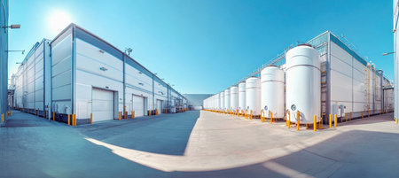 White industrial tanks storing liquid nitrogen in a chemical or pharmaceutical production facility under a clear blue skyの素材