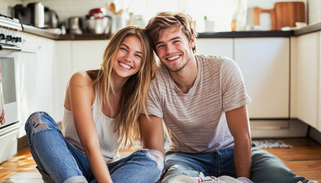 Young couple smiling while sitting on the floor of their kitchenの素材