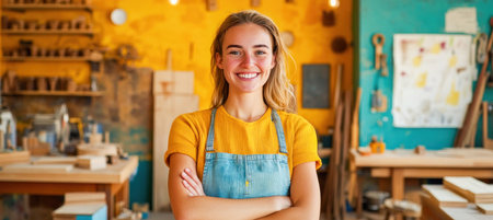 Young craftswoman smiling with arms crossed, posing in her carpentry workshopの素材
