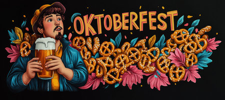 Man drinking beer and enjoying pretzels during oktoberfest celebrationの素材