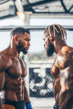 Two muscular male boxers intensely staring at each other before a boxing match, showing their determination and rivalryの素材