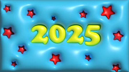 Yellow 2025 sign celebrating new year with red stars on blue background