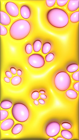 Pink paw prints create a playful pattern on a vibrant yellow backdrop, adding a touch of fun and whimsyの写真素材