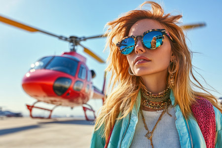 Stylish woman posing near red helicopter wearing sunglasses and gold jewelryの素材