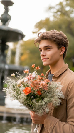 Romantic young man holding bouquet of flowers near fountain in a park during golden hourの素材
