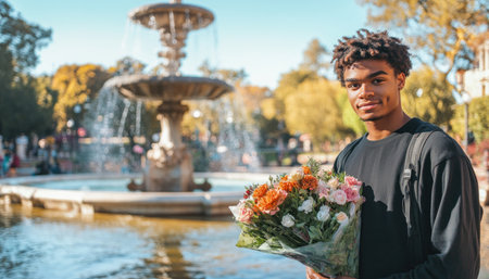 Happy young man holding flowers in a park with a fountain in the background on a sunny dayの素材