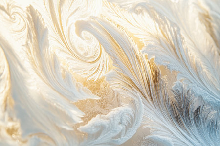 Golden sunlight illuminating delicate frost patterns on a glass surface, forming intricate swirls and texturesの素材