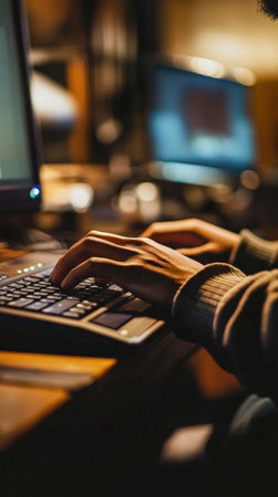 Close up of hands typing on keyboard, working late in office with warm lightingの素材