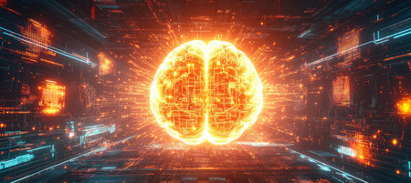 Orange glowing human brain with electronic circuits is processing data inside server room of cyberspaceの素材