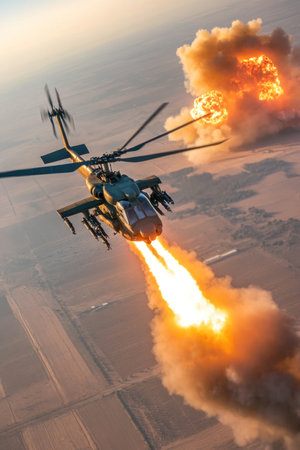 Military helicopter firing rockets towards ground target, creating large explosion and smoke cloudの素材