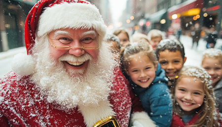 Santa claus is posing with happy children on a snowy city street during christmas timeの素材