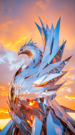 Gleaming metal phoenix sculpture rising against a vibrant sunset sky, showcasing artistic brilliance and symbolic rebirthの素材