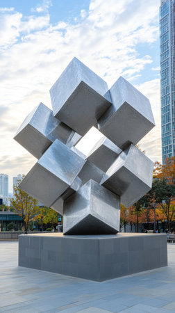 Intriguing metal cube sculpture standing tall in a city square, embodying modern art and urban designの素材