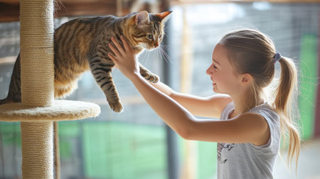 Young girl playing with tabby cat on scratching postの素材